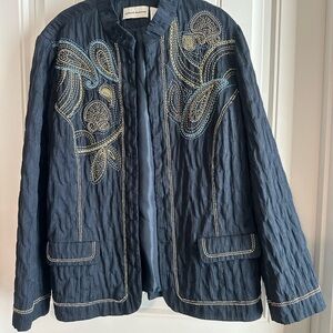 Alfred Dunner Open Front Lined Embroidered Jacket Pockets Navy Blue Women's 18